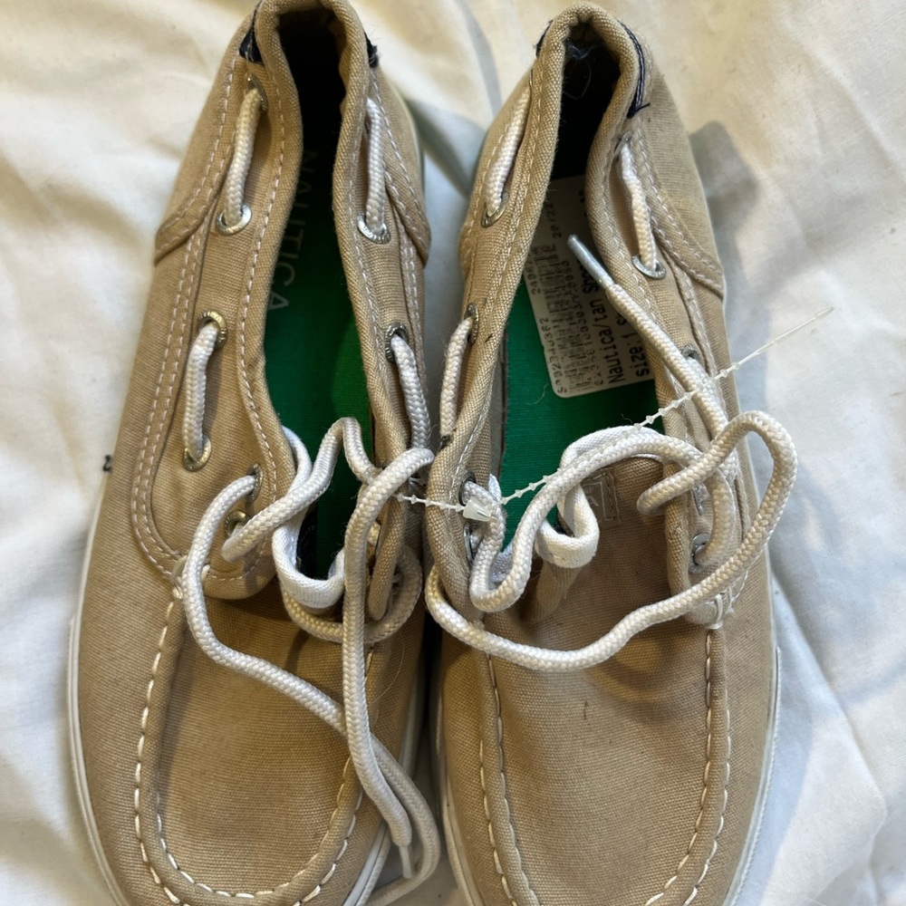 Tan Boat Shoes with White Laces
